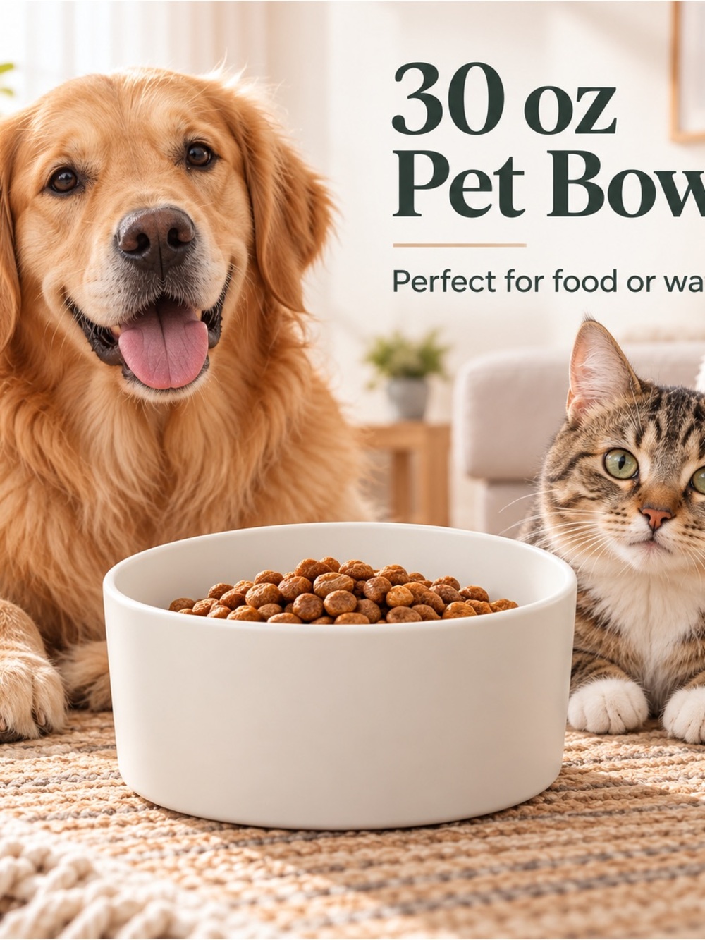 30 oz White Ceramic Pet Bowl for Cats & Dogs